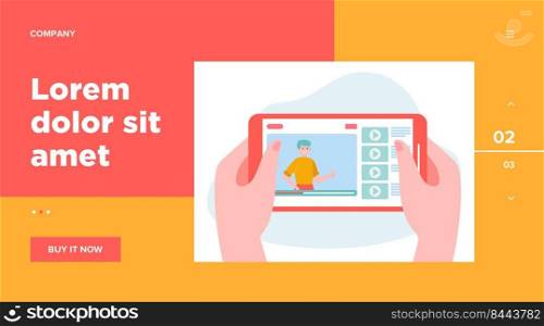 Hands holding smartphone with video online. Phone, tablet, movie flat vector illustration. Entertainment and digital technology concept for banner, website design or landing web page