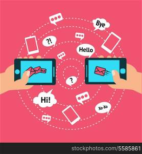 Hands holding smartphones touch screen with communication icon sets poster vector illustration