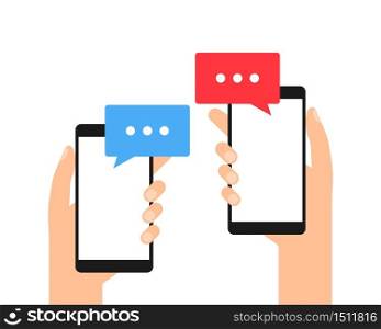 Hands holding smartphones with dialogue message icons Vector EPS 10. Hands holding smartphones with dialogue message icons. Vector EPS 10
