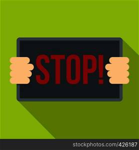 Hands holding stop placard icon. Flat illustration of hands holding stop placard vector icon for web isolated on lime background. Hands holding stop placard icon, flat style