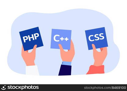 Hands holding symbols of different programming languages. Programmers using software for coding flat vector illustration. Programming, engineering, technology concept for banner or landing page