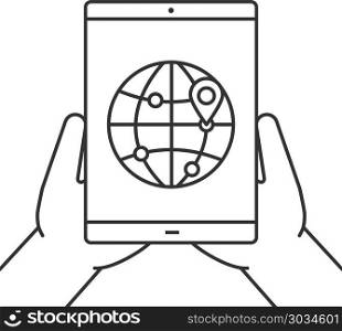 Hands holding tablet computer linear icon. Hands holding tablet computer linear icon. Route searching. Online traveling. Thin line illustration. Tablet computer with world map. Contour symbol. Vector isolated outline drawing