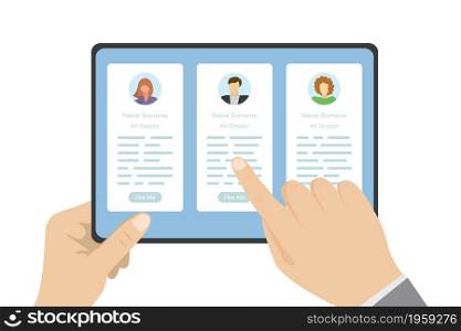 Hands holding tablet pc,three cv resume on screen,application template,job hunting concept, flat vector illustration