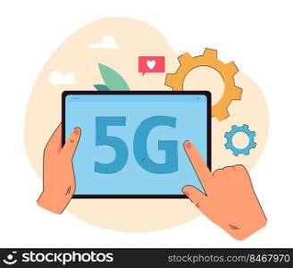 Hands holding tablet with 5g title on screen. Device with internet signal symbol flat vector illustration. Global network, internet connection concept for banner, website design or landing web page
