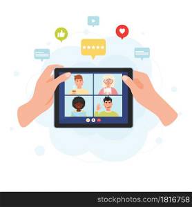 Hands holding tablet with online meeting conference chat. Video chat concept with notification bubbles. Vector illustration.