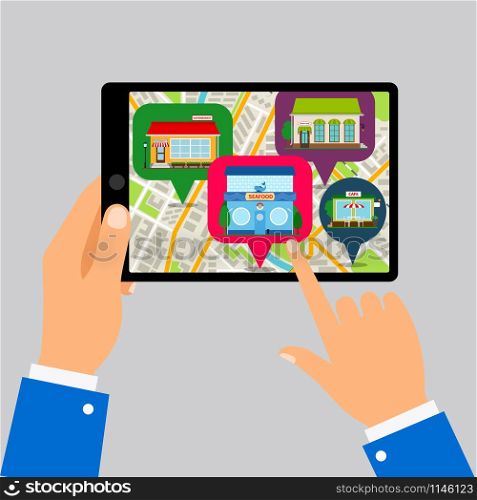 Hands holding tablet with restaurants map app, vector illustration. Hands holding tablet with restaurants map