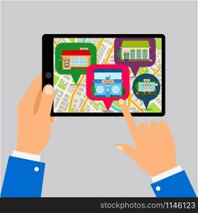 Hands holding tablet with restaurants map app, vector illustration. Hands holding tablet with restaurants map