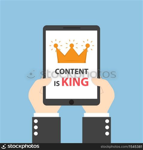 Hands holding tablet with words CONTENT IS KING, seo search engine optimization and content marketing concept