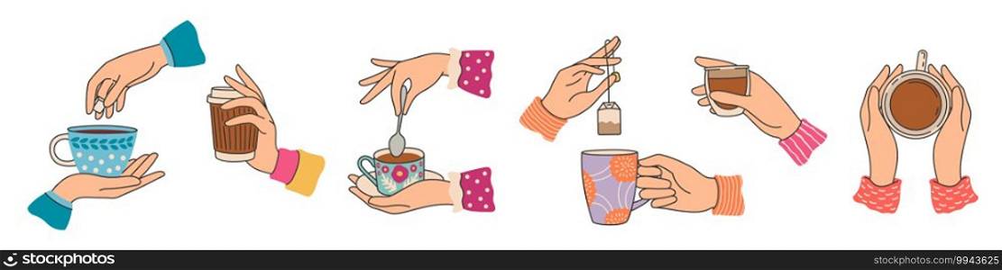 Hands holding tea cups. Elegant woman hand with mug with coffee or cacao, brew tea bag. Breakfast hot drinks and beverage, trendy vector set. Illustration tea drink and mug coffee. Hands holding tea cups. Elegant woman hand with mug with coffee or cacao, brew tea bag. Breakfast hot drinks and beverage, trendy vector set