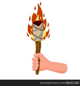 Hands holding torch. Primal fire. Flame on stick. Flat cartoon illustration. Hands holding torch. Primal fire. Flame on stick.
