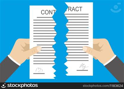 Hands holding two parts torn contract, flat vector illustration. Hands holding two parts torn contract