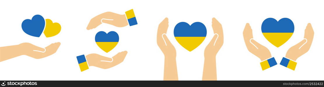 Hands holding Ukraine flag in heart shape. Support care concept for Ukraine. Peace symbol. Vector illustration.. Hands holding Ukraine flag in heart shape. Support care concept for Ukraine.