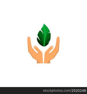 Hands holding up a green leaf. Badge or logo.