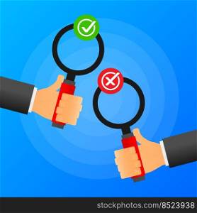 Hands holds lens glass yes or no. Green or red banner on blue background. Vector illustration. Hands holds lens glass yes or no. Green or red banner on blue background. Vector illustration.