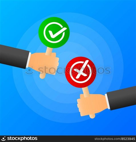 Hands holds sign yes or no. Green or red banner on blue background. Vector illustration. Hands holds sign yes or no. Green or red banner on blue background. Vector illustration.