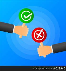 Hands holds sign yes or no. Green or red banner on blue background. Vector illustration. Hands holds sign yes or no. Green or red banner on blue background. Vector illustration.