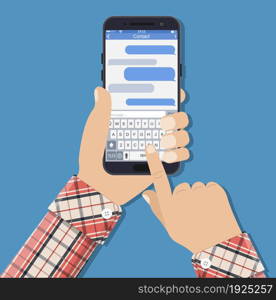 Hands holds smartphone with messaging sms app and sending SMS. Vector illustration in flat style. Hands holds smartphone with messaging sms app.