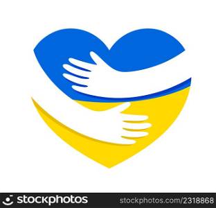 Hands hug blue yellow heart shape. Colors of Ukraine flag Icon design. No war, pray for Ukraine. Vector illustration