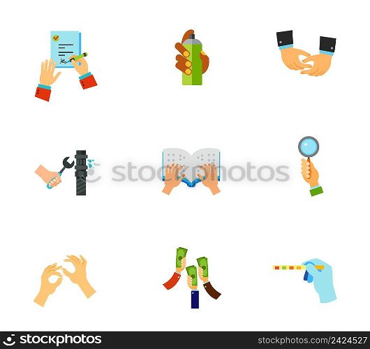 Hands icon set. Signing job contract Graffiti spray Depicting hands Pipe repair Braille book Bidder hand Sign language Raising money Medical test