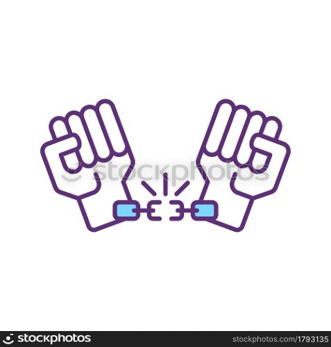 Hands in chain RGB color icon. Prisoner in handcuffs. Enslaved person. Freedom deprivation. Isolated vector illustration. Human smuggling and exploitation. Simple filled line drawing. Hands in chain RGB color icon