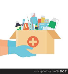 Hands in disposable gloves with open cardboard box with medicines, drugs, pills and bottles inside. Home delivery pharmacy service. Vector illustration in flat style on white background. Hands in disposable gloves with open cardboard box with medicines, drugs, pills and bottles inside