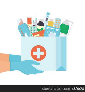 Hands in disposable gloves with paper bag with medicines, drugs, pills and bottles inside. Home delivery pharmacy service. Vector illustration in flat style on white background. Hands in disposable gloves with paper bag with medicines, drugs, pills and bottles inside