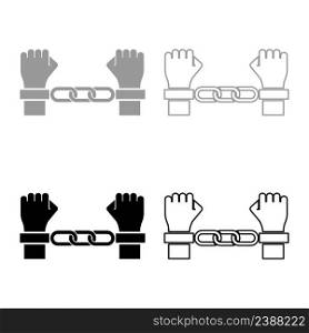 Hands in handcuffs Criminal concept Arrested punishment Bondage convict set icon grey black color vector illustration image simple solid fill outline contour line thin flat style. Hands in handcuffs Criminal concept Arrested punishment Bondage convict set icon grey black color vector illustration image solid fill outline contour line thin flat style