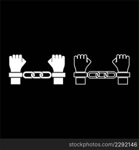 Hands in handcuffs Criminal concept Arrested punishment Bondage convict set icon white color vector illustration image simple solid fill outline contour line thin flat style. Hands in handcuffs Criminal concept Arrested punishment Bondage convict set icon white color vector illustration image solid fill outline contour line thin flat style