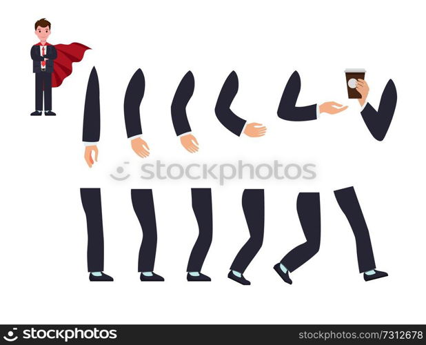 Hands in several positions with coffee cup and legs in leather shoes of businessman character in suit and red cloak isolated vector illustrations set.. Hands and Legs of Cartoon Businessman Character