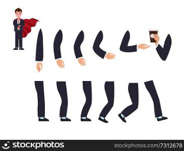 Hands in several positions with coffee cup and legs in leather shoes of businessman character in suit and red cloak isolated vector illustrations set.. Hands and Legs of Cartoon Businessman Character