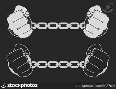 Hands in strained steel handcuffs. Dark vector illustration isolated on chalkboard. Hands in strained steel handcuffs. Dark vector illustration