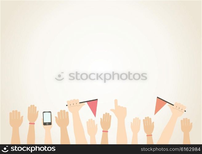 Hands in the air and flags. Vector illustration