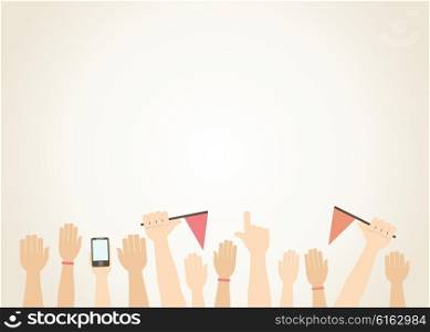 Hands in the air and flags. Vector illustration