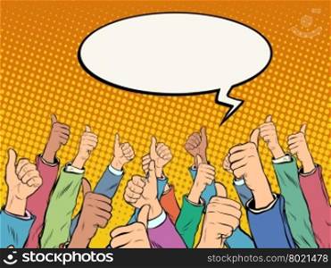 Hands in the air like voices support pop art style retro. Political campaign election. Social network likes approval. Support well business concept. Hands in the air like voices support