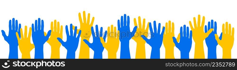 Hands in the colors of the Ukrainian flag. No war. Patriotism. Vector. Hands in the colors of the Ukrainian flag. No war. Patriotism. Vector illustration