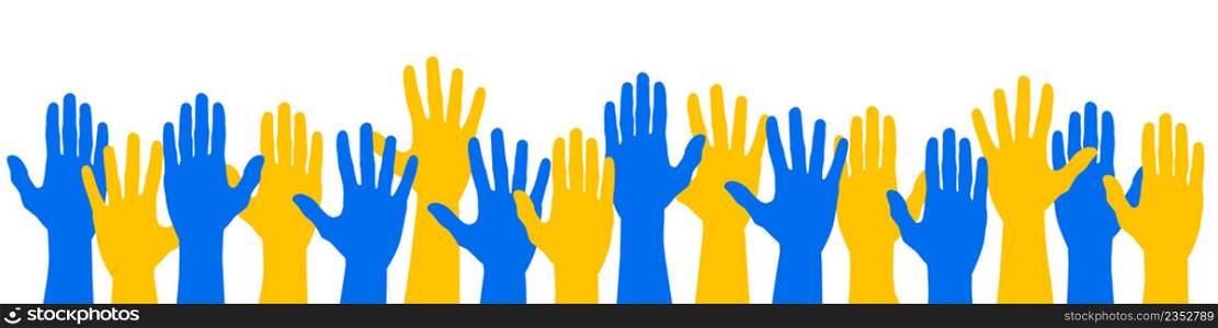 Hands in the colors of the Ukrainian flag. No war. Patriotism. Vector. Hands in the colors of the Ukrainian flag. No war. Patriotism. Vector illustration
