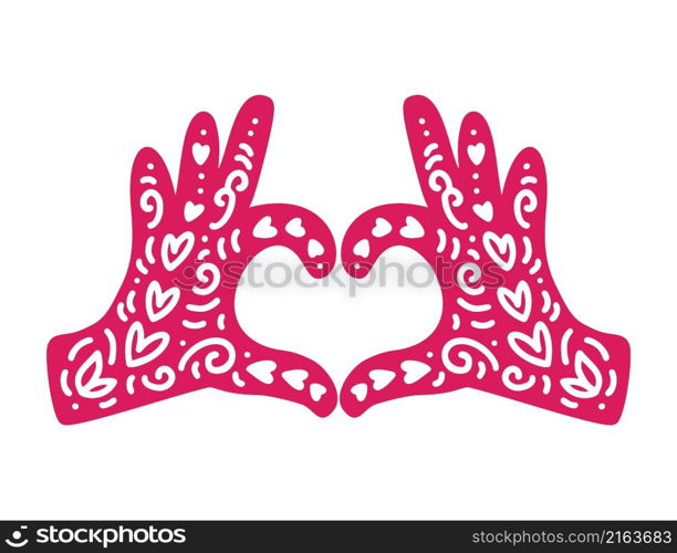 Hands in the form of heart and flourish elements. Symbol showing of feelings to other person. Declaration of love on Valentine Day. Vector flat icon illustration isolated.. Hands in the form of heart and flourish elements. Symbol showing of feelings to other person. Declaration of love on Valentine Day. Vector flat icon illustration isolated