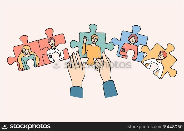 Hands joining jigsaw puzzles with employees engaged in employment and hr process. Recruiter looking for workers in team. Recruitment and hiring. Vector illustration.. Hands joining puzzles with employees