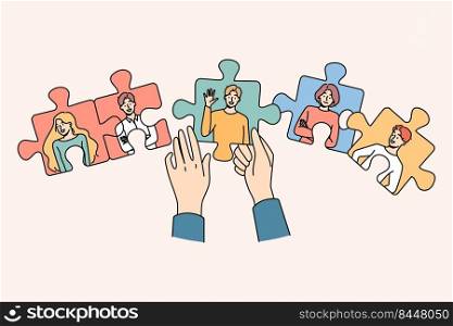 Hands joining jigsaw puzzles with employees engaged in employment and hr process. Recruiter looking for workers in team. Recruitment and hiring. Vector illustration.. Hands joining puzzles with employees