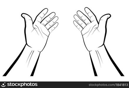 hands of a believer during prayer. Palms up. Namaz, Eid al-Adha Muslim holiday. Isolated vector on white background