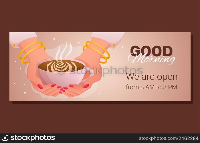 Hands of a young woman with white sleeves, gold bracelets, and pink manicure on her nails hold cup of coffee with Good Morning phrase. Closeup view illustration. Coffee shop banner design.. Hands of a young woman with white sleeves, gold bracelets, and pink manicure on her nails hold cup of coffee with Good Morning phrase. Closeup view illustration. Coffee shop banner design