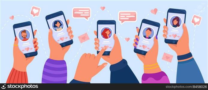 Hands of adult people using dating app. Flat vector illustration. Young men and women flirting, searching love, messaging online with gadgets. Social network, relationship, romance, technology concept