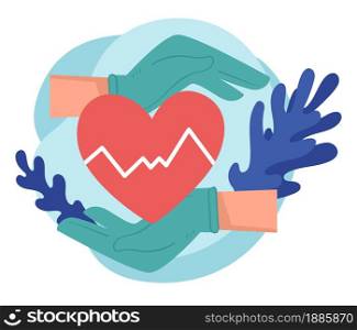 Hands of cardiologists or surgeons and heart showing pulse, isolated banner for cardiology center, hospital or clinics. Cardiovascular illnesses treatment and care, health and wellbeing vector. Cardiology and heart diseases treatment, healthcare in clinics