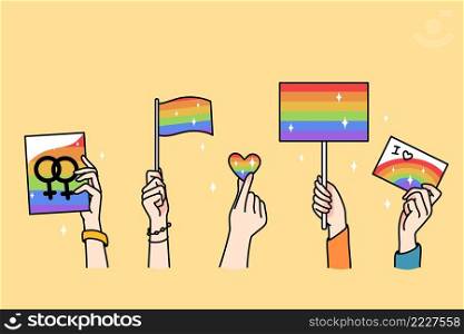 Hands of diverse people hold LGBT flags and banners celebrate international gay day. Volunteers have celebration on pride month. Homosexuality and gender equality. Vector illustration. . Hands of people hold LGBT flags 