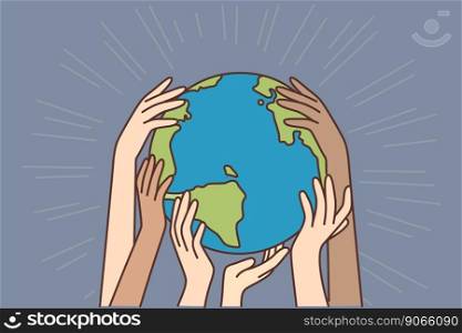 Hands of Diverse People Touching Planet Earth. Multicultural Characters Supporting each other. Tolerance, Unity and Peace Metaphor. Cartoon Vector Illustration.. Hands of Diverse People Touching Planet Earth