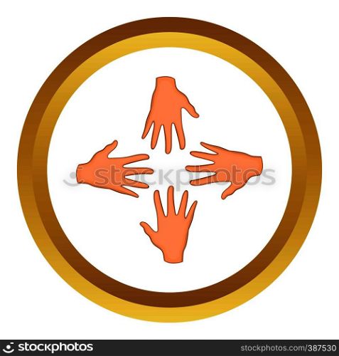 Hands of four people vector icon in golden circle, cartoon style isolated on white background. Hands of four people vector icon