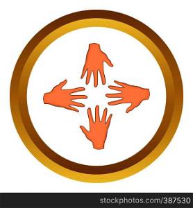 Hands of four people vector icon in golden circle, cartoon style isolated on white background. Hands of four people vector icon