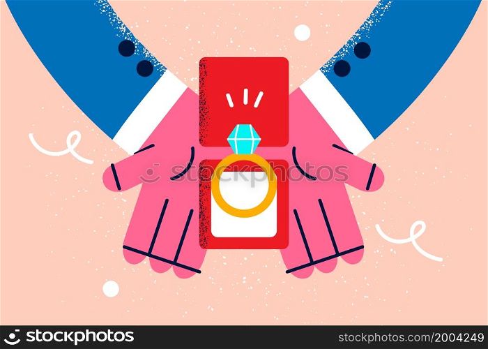 Hands of man hold box with golden ring with diamond make marriage proposal to beloved woman. Loving male with jewelry do engagement offer to lover. Relationship goal concept. Vector illustration. . Man hold jewelry box make marriage proposal