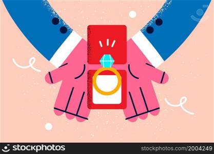 Hands of man hold box with golden ring with diamond make marriage proposal to beloved woman. Loving male with jewelry do engagement offer to lover. Relationship goal concept. Vector illustration. . Man hold jewelry box make marriage proposal