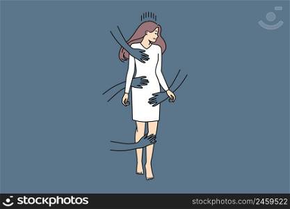 Hands of men touch unhappy stressed woman. Concept or gender harassment and violence. Sexual rape and bullying. Female suffer from discrimination at workplace. Vector illustration. . Hands of men touching stressed hurt woman 